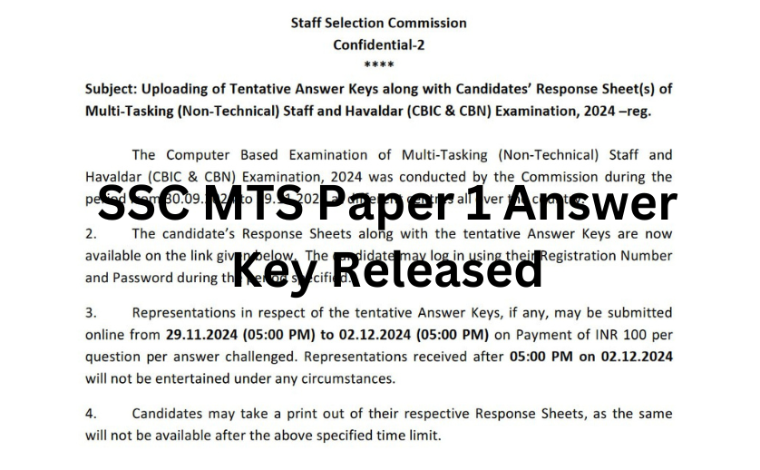 SSC MTS Paper 1 Answer Key 2024 Out