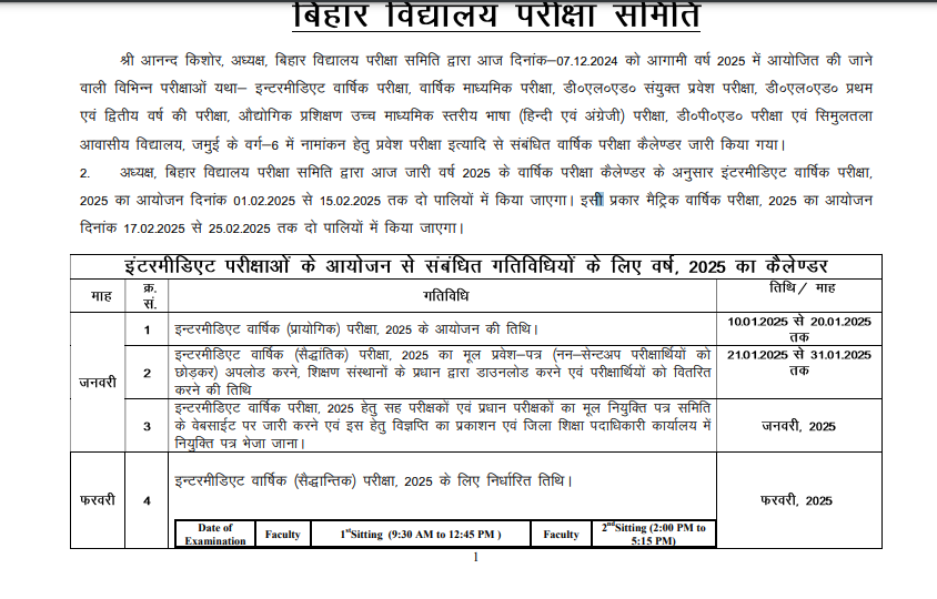 Bihar Board Class 10th and 12th Exam Time Table 2025