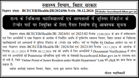 Bihar BCECEB Junior Resident Merit List 2024