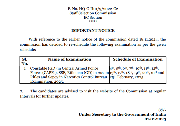 SSC GD Constable Exam Date 2025