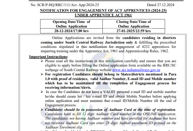 Railway SCR Apprentice Online Form 2025