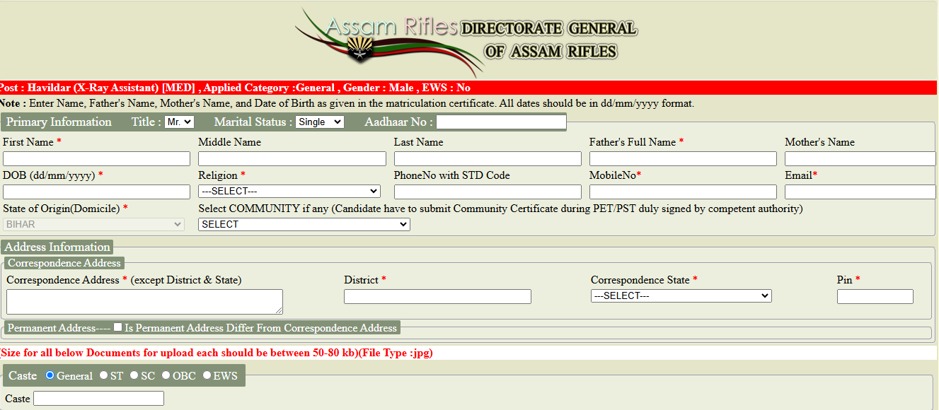 Assam Rifles Recruitment 2025 Online Form